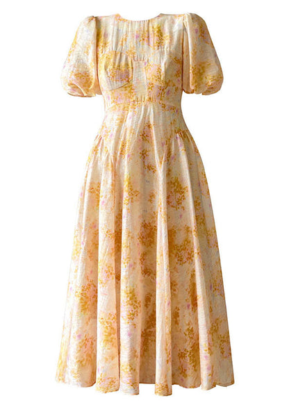 Yellow O-neck Print Slim Fit Silk Holiday Dresses Lantern Sleeve