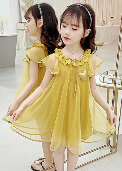 Yellow O-neck Wrinkled Tulle Kids Long Dress Summer