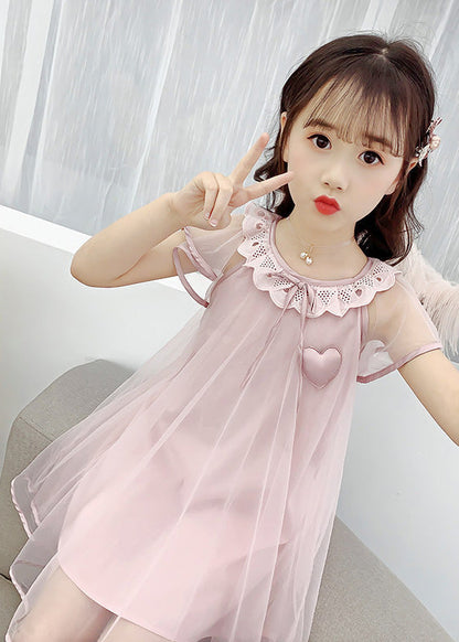 Yellow O-neck Wrinkled Tulle Kids Long Dress Summer