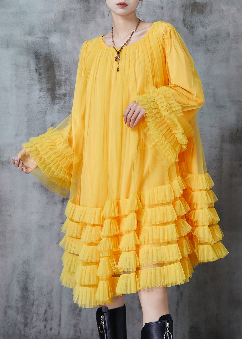 Yellow Oversized Ruffled Tulle Maxi Dresses Spring