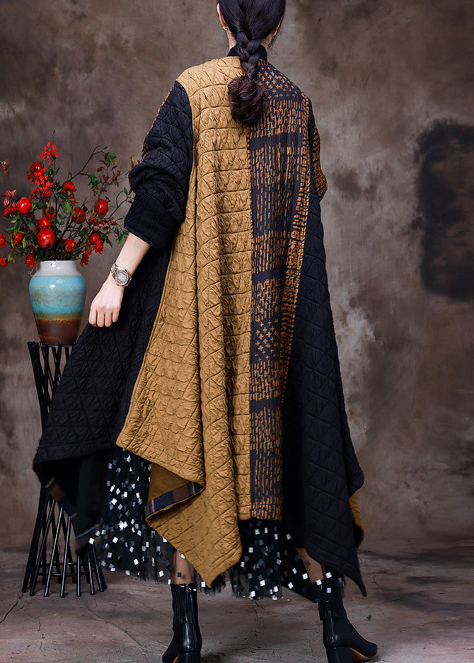 Yellow Patchwork Black Asymmetrical O-neck Thick Maxi Coat Long Sleeve