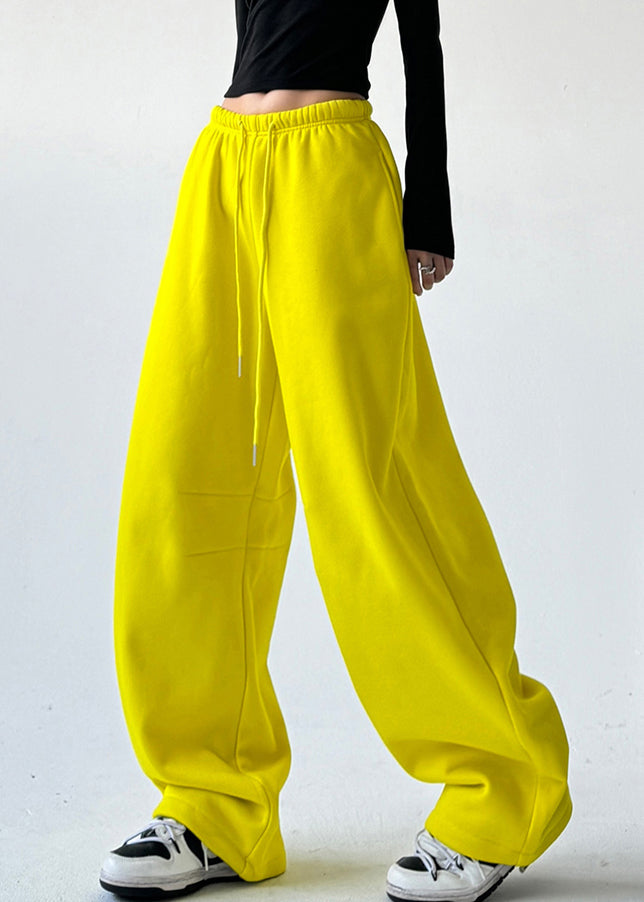Yellow Patchwork Elastic Waist Warm Fleece Straight Pants Spring