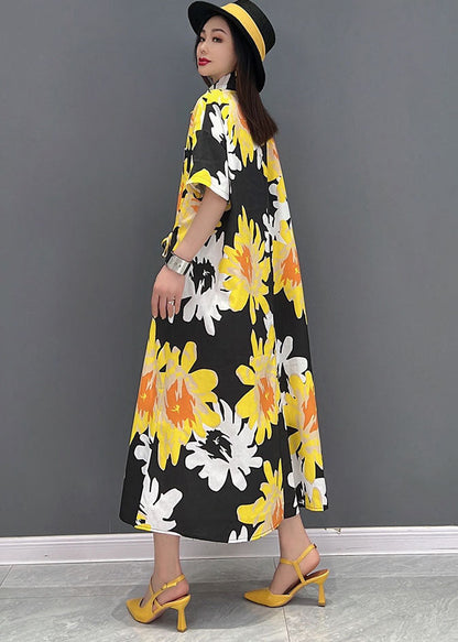 Yellow Peter Pan Collar Daisy Print Chiffon Holiday Dress Short Sleeve