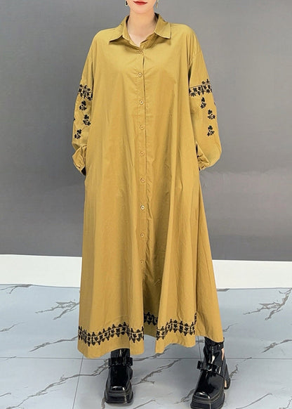 Yellow Peter Pan Collar Print Button Long Dress Spring