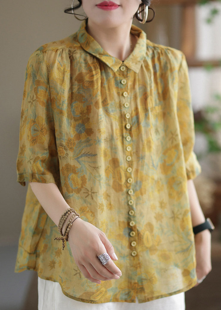 Yellow Peter Pan Collar Print Linen Shirt Half Sleeve