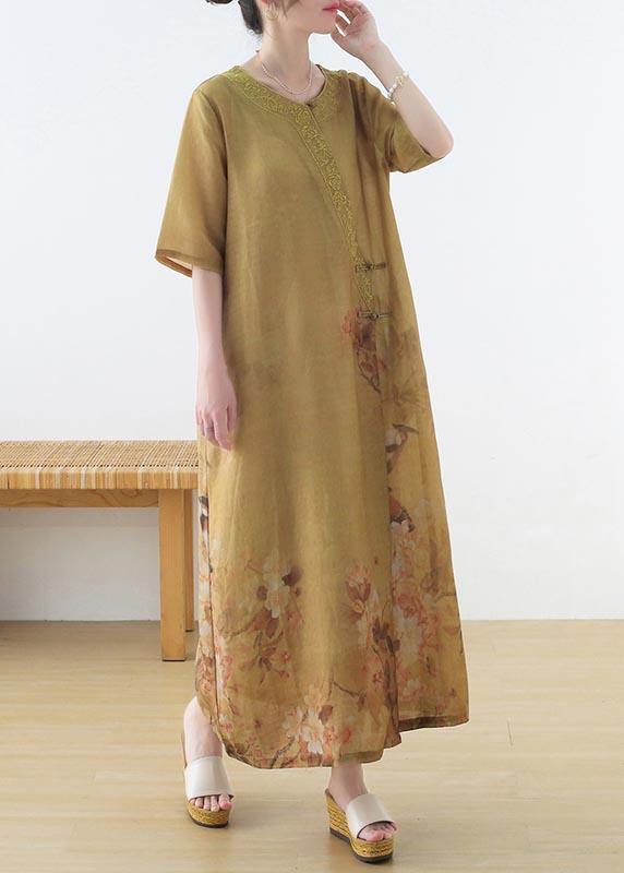 Yellow Print Oriental Party Dress Summer Linen Dress