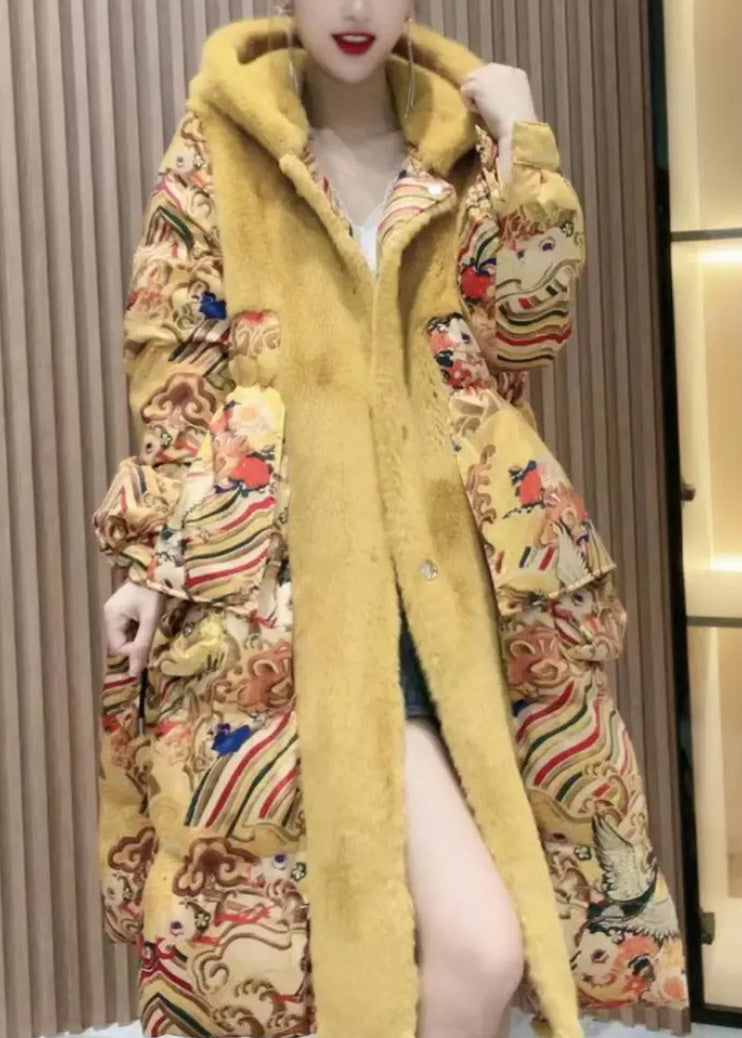 Yellow Print Patchwork Button Faux Fur Thick Long Hooded Coat Winter