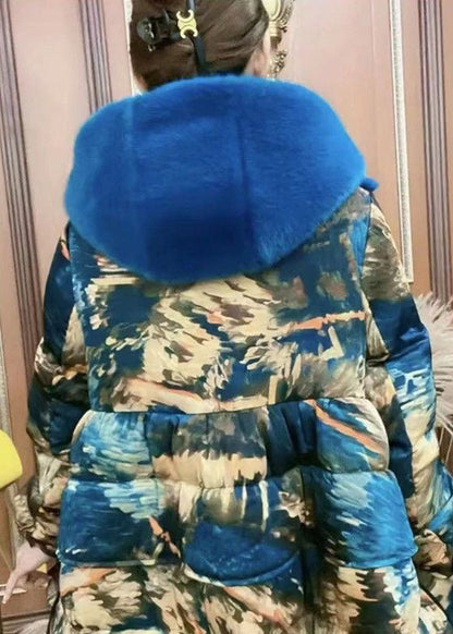 Yellow Print Patchwork Button Faux Fur Thick Long Hooded Coat Winter