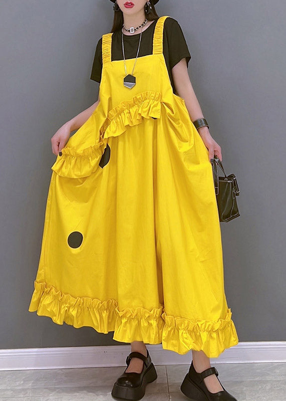Yellow Slash Neck Dot Print Spaghetti Strap Dress Sleeveless