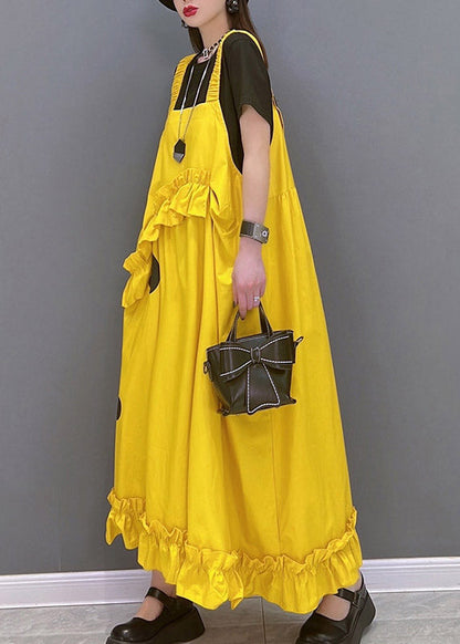 Yellow Slash Neck Dot Print Spaghetti Strap Dress Sleeveless