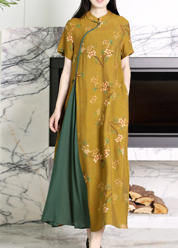 Yellow Stand Collar Asymmetrical Print Patchwork Button Linen Long Dresses Short Sleeve