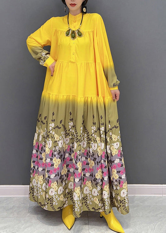 Yellow Stand Collar Print Patchwork Vacation Long Dresses Spring