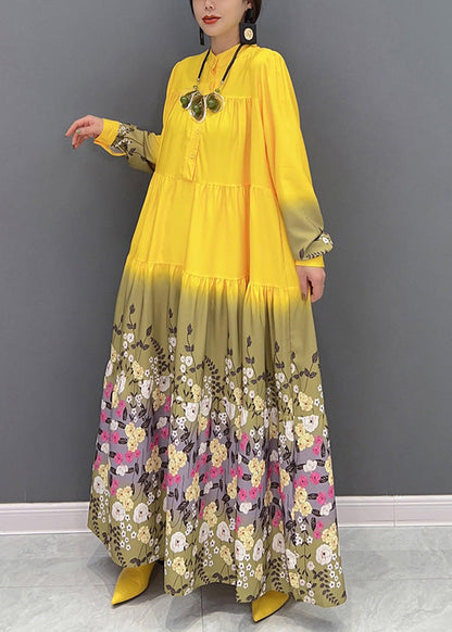 Yellow Stand Collar Print Patchwork Vacation Long Dresses Spring