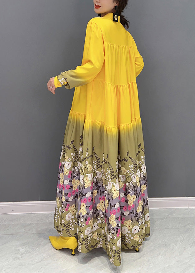 Yellow Stand Collar Print Patchwork Vacation Long Dresses Spring