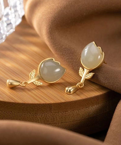 Yellow Sterlign Silver Inlaid Jade Leaf Drop Earrings