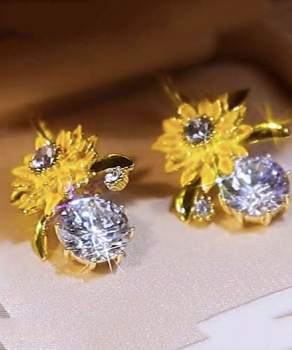 Yellow Sterling Silver Overgild Zircon Sunflower Drop Earrings