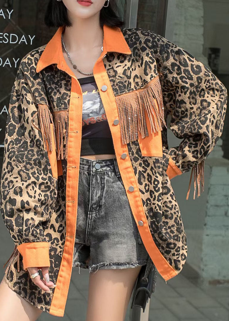 Yellow Tasseled Leopard Patchwork Denim Coat Spring