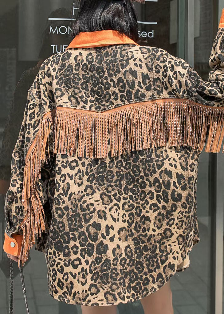 Yellow Tasseled Leopard Patchwork Denim Coat Spring