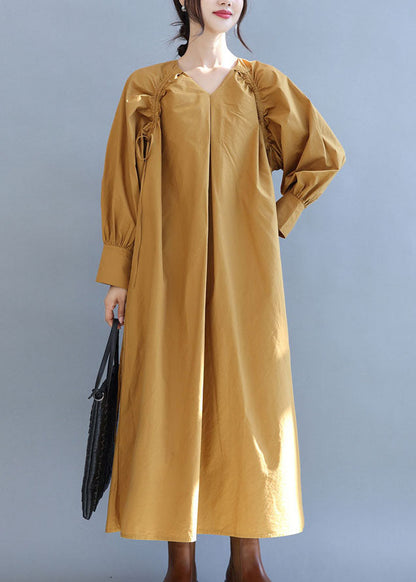 Yellow V Neck Cinched Cotton Long Dress Fall