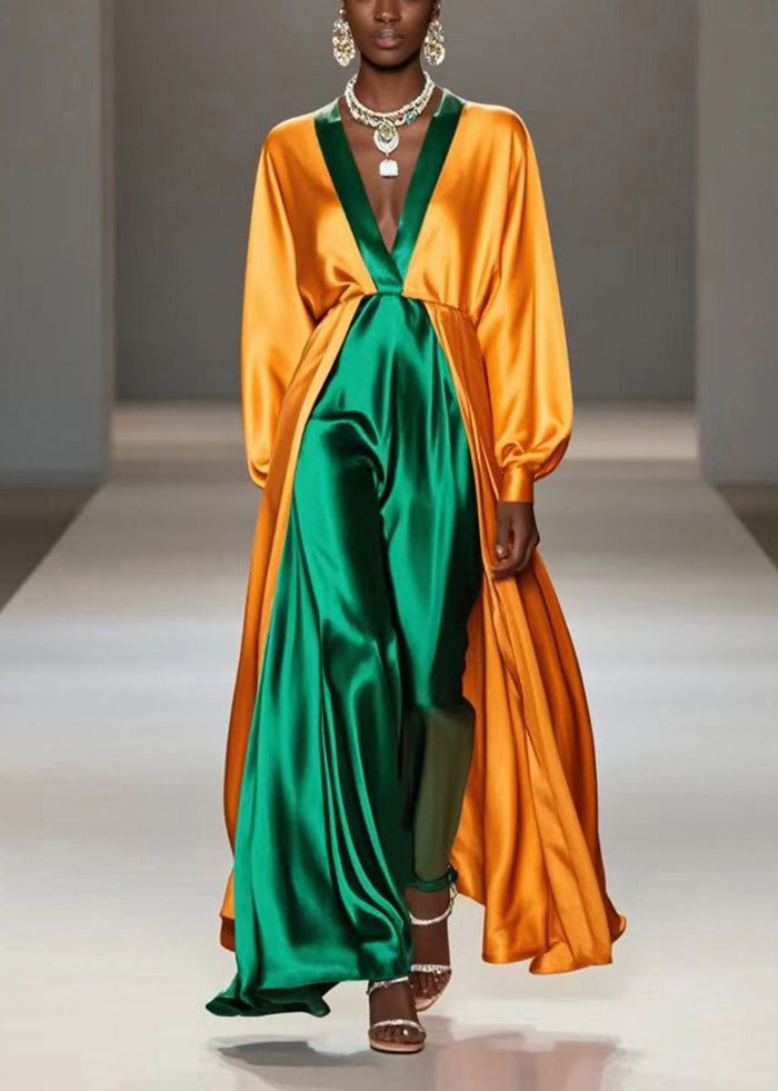 Yellow V Neck Patchwork Silk Fake Two Piece Long Dress Spring