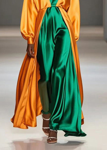 Yellow V Neck Patchwork Silk Fake Two Piece Long Dress Spring