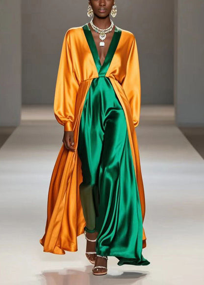 Yellow V Neck Patchwork Silk Fake Two Piece Long Dress Spring