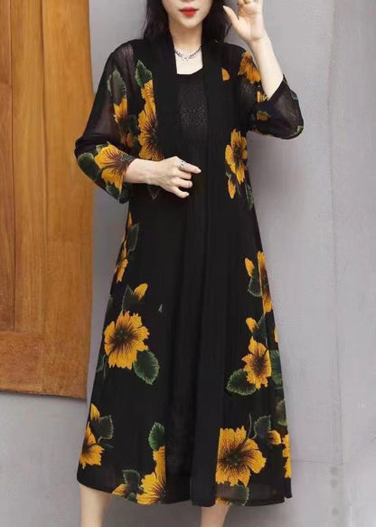 Yellow V Neck Print Chiffon Long Sunscreen Cardigans Long Sleeve