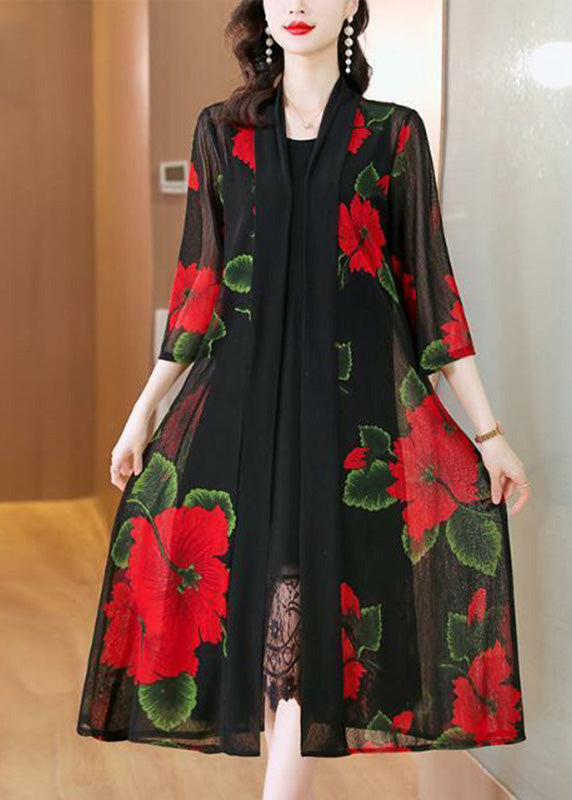 Yellow V Neck Print Chiffon Long Sunscreen Cardigans Long Sleeve