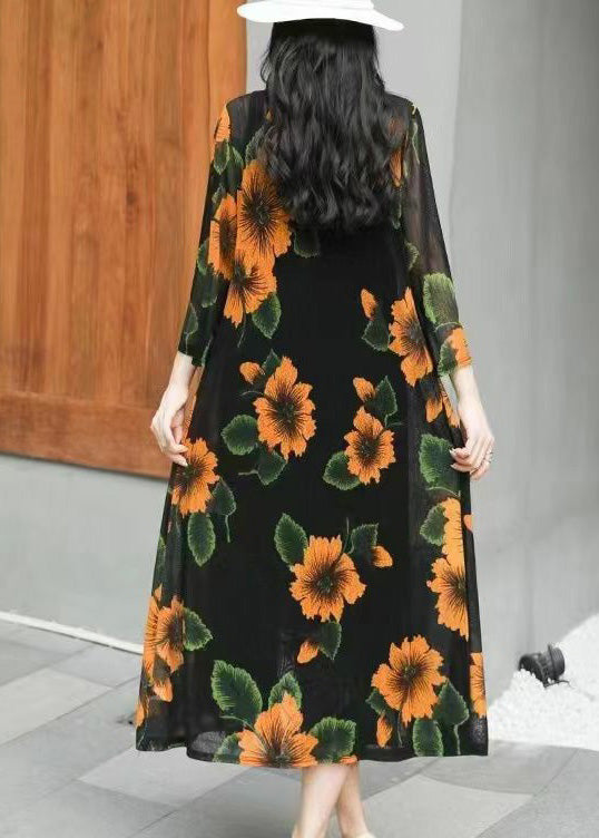 Yellow V Neck Print Chiffon Long Sunscreen Cardigans Long Sleeve