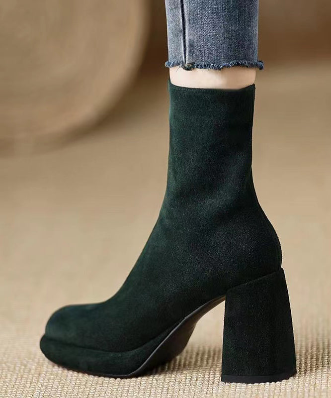 Zippered Chunky Heel Boots Grass Green Suede