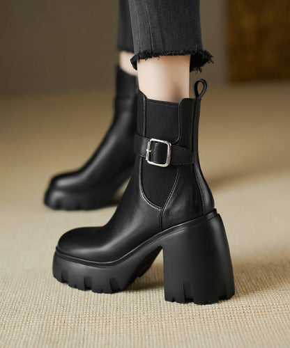 Zippered Splicing Chunky Heel Boots Black Cowhide Leather