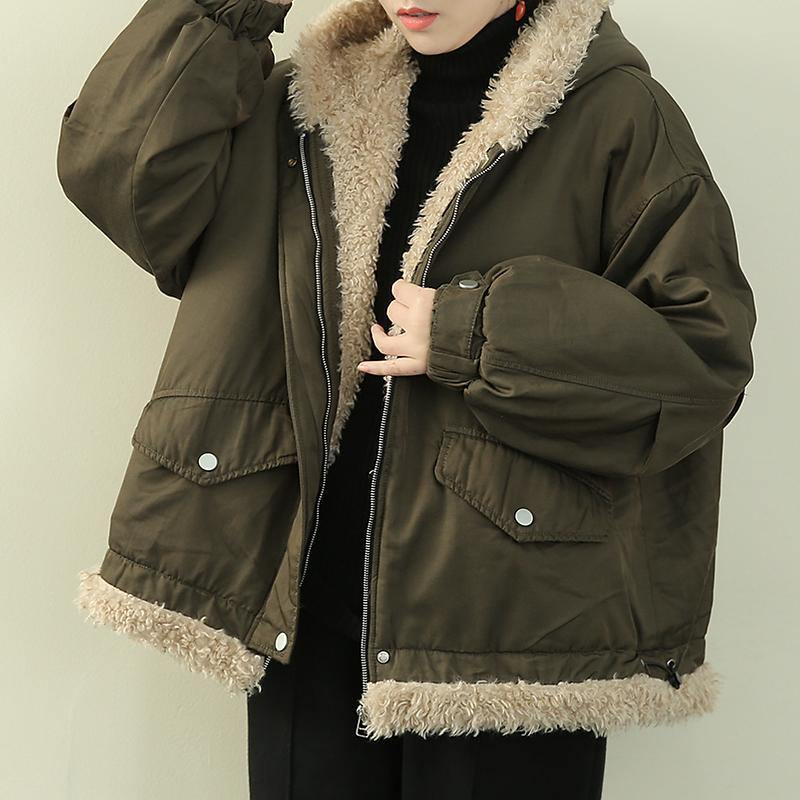 Army Green Clothes Hooded Zippered Knitwear Fuzzy Wool Coat