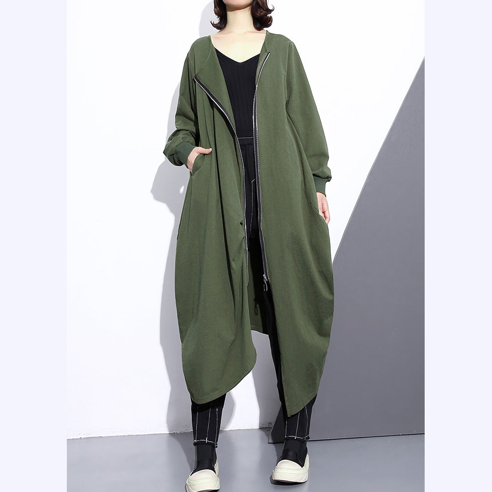 Army Green Long Coat Oversize O Neck Asymmetrical Design Outwear Zippered Coats