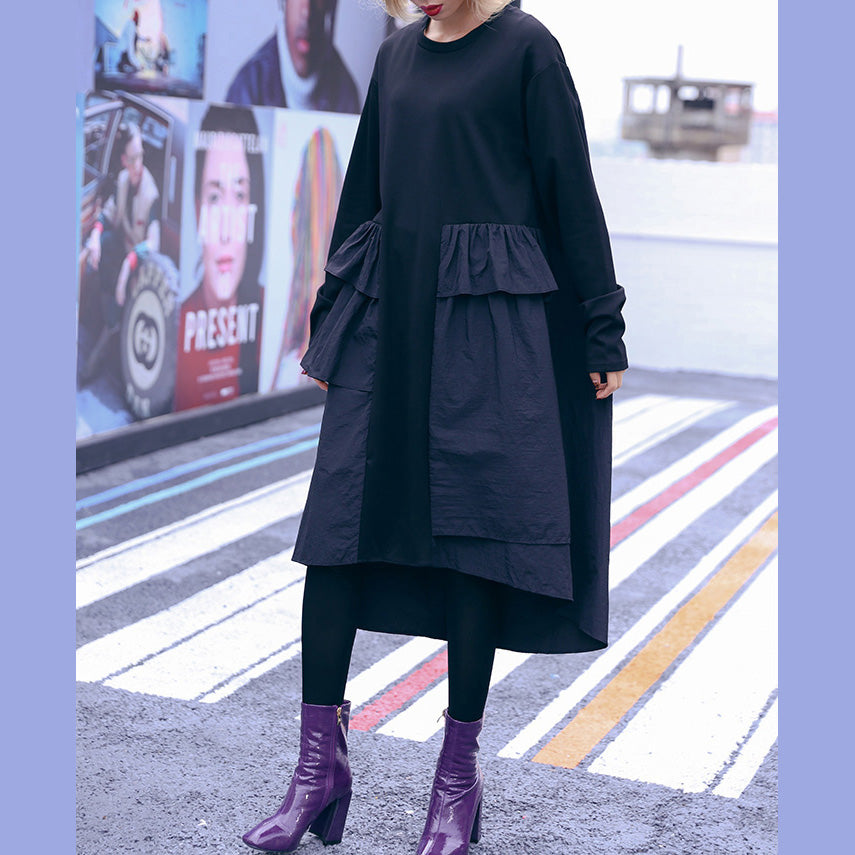 Black Cotton Tunics Outfits Patchwork Daily Dresses