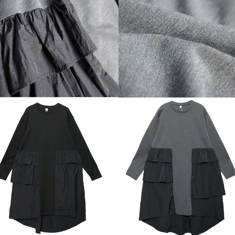 Black Cotton Tunics Outfits Patchwork Daily Dresses