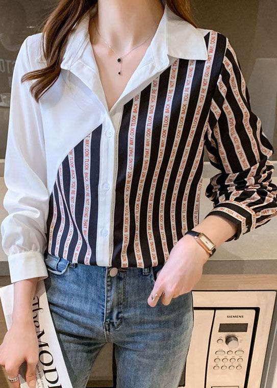 Black White Peter Pan Collar Button Striped Patchwork Chiffon Shirt Tops Long Sleeve