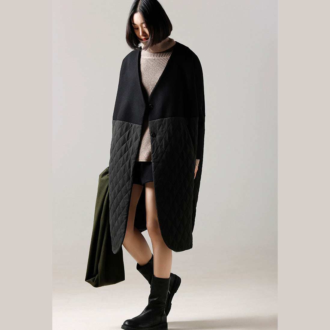 Black Wool Jackets Winter Coat Patchwork Coats V Neck