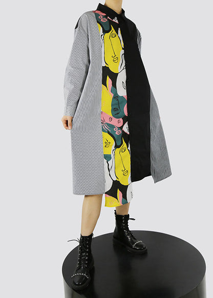Black Asymmetrical Design Peter Pan Collar Print Patchwork Shirt Dress Spring