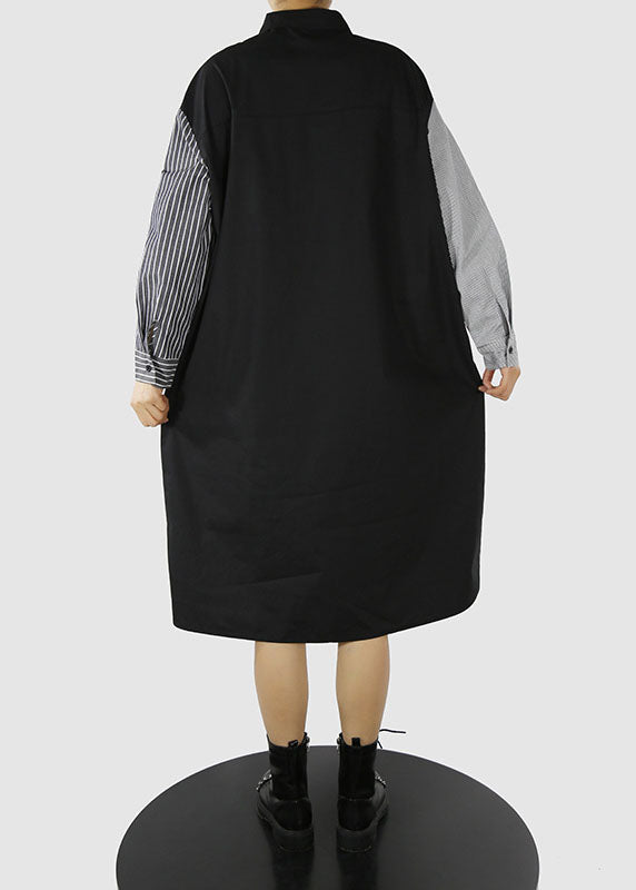 Black Asymmetrical Design Peter Pan Collar Print Patchwork Shirt Dress Spring