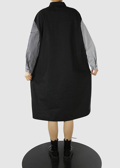 Black Asymmetrical Design Peter Pan Collar Print Patchwork Shirt Dress Spring