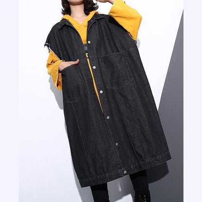 Black Coat Loose Fitting Lapel Coats Fine Pockets Sleeveless Coat