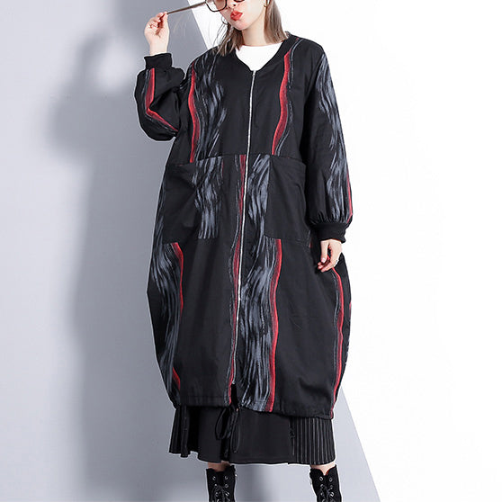 Black Print Coat Oversized Stand Collar Cardigans Cinched Baggy Coats