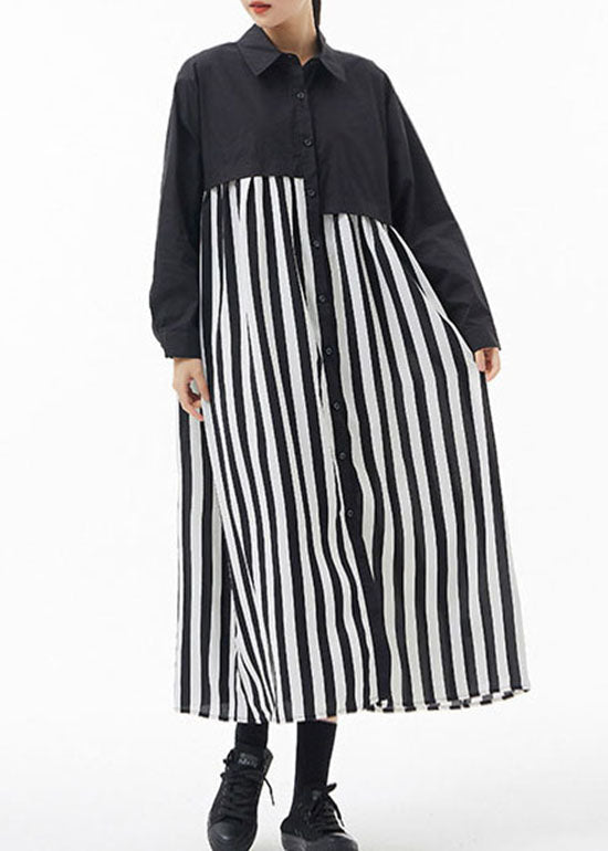 Black White Striped Peter Pan Collar Patchwork Shirt Dresses Spring
