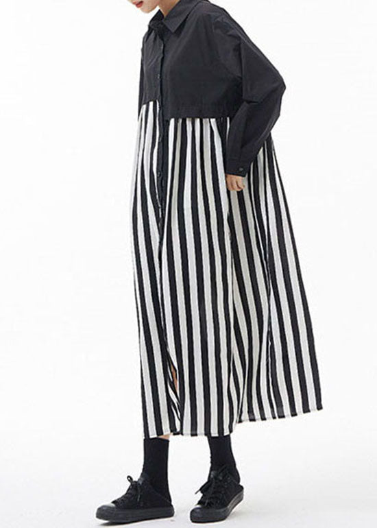 Black White Striped Peter Pan Collar Patchwork Shirt Dresses Spring