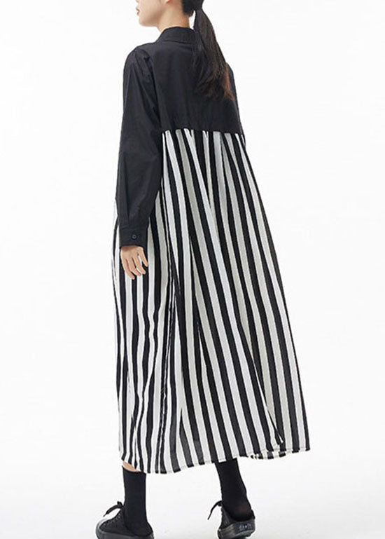 Black White Striped Peter Pan Collar Patchwork Shirt Dresses Spring