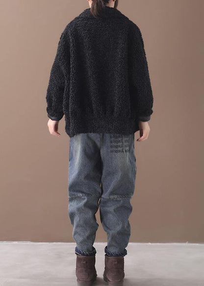 Black Woolen Coats Lapel Button Jackets