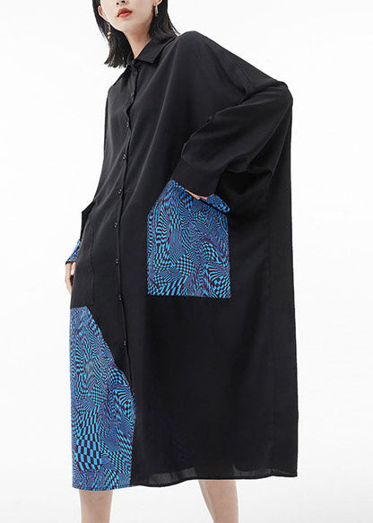 Blue Peter Pan Collar Batwing Sleeve Patchwork Silk Shirt Dresses