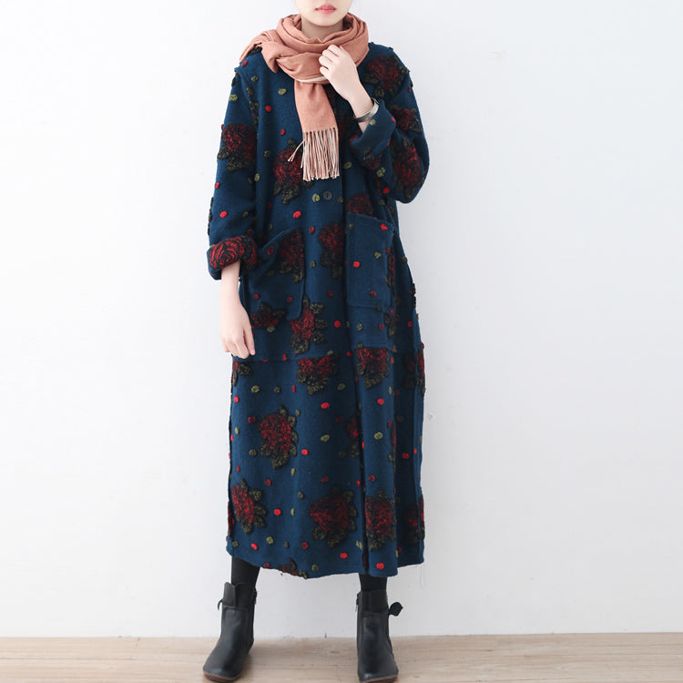Blue Long Coat Plussize Cardigans Jacquard Long Coat