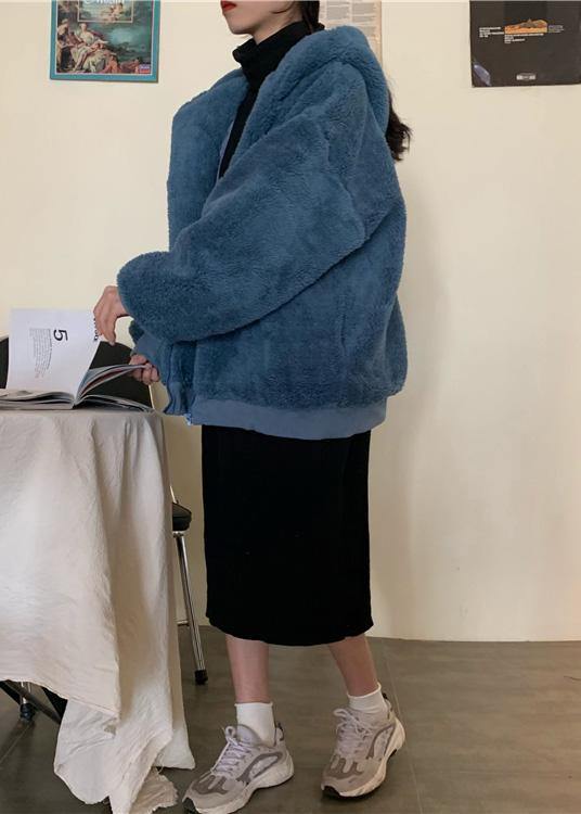 Blue Woolen Overcoat Loose Fitting Mid-length Coats Hooded Winter Outwear