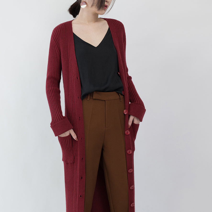 Burgundy Maxi Coat Loose Fitting V Neck Long Coat Fine Pockets Coats